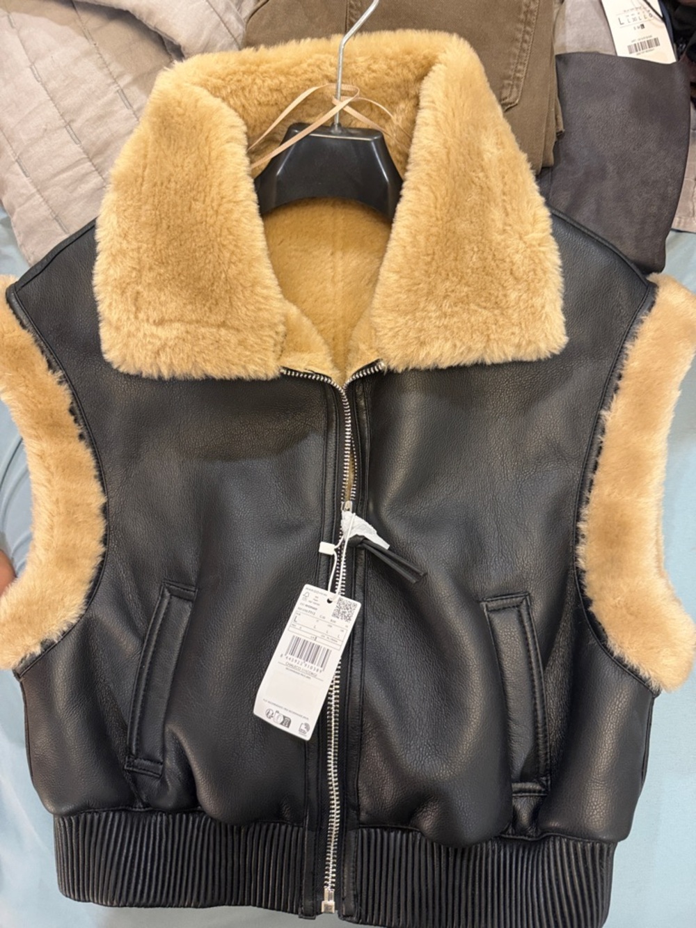 Mango Black Faux Leather Vest with Tan Shearling Collar